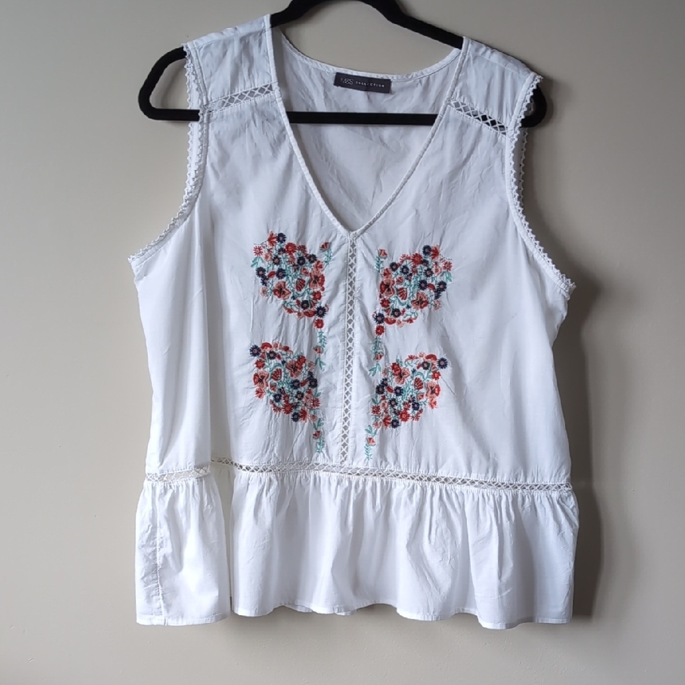 White Peplum Blouse with Red Embellishments